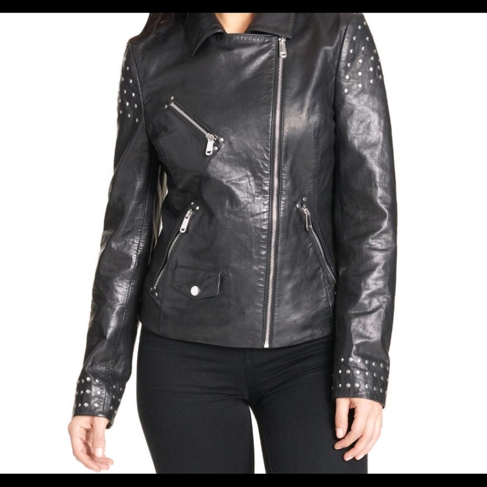 NWT black genuine leather jacket with silver studs